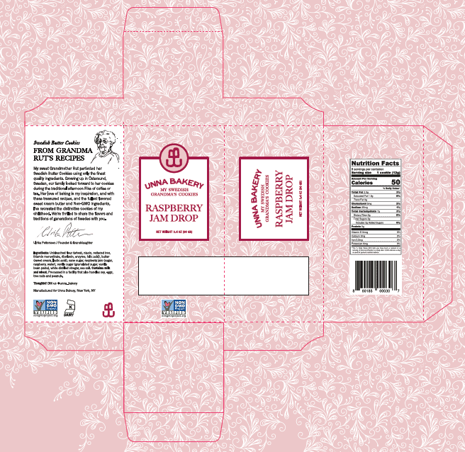 Unna Bakery, Raspberry Jam Drop Cookies 6 units per case 3.4 oz Product Label