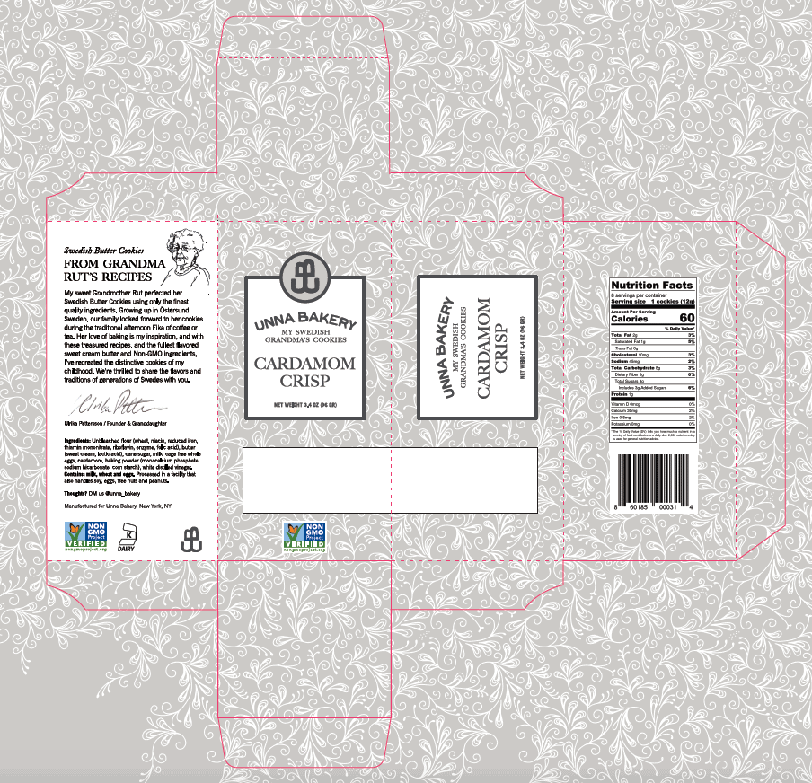 Unna Bakery, Cardamom Crisp Cookies 6 units per case 3.4 oz Product Label