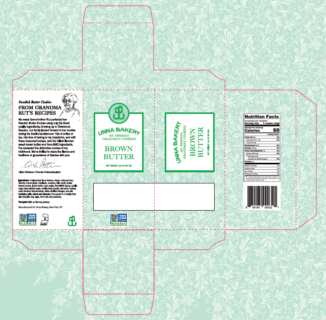 ''Unna Bakery, Brown Butter Cookies'' 6 units per case 3.4 oz Product Label