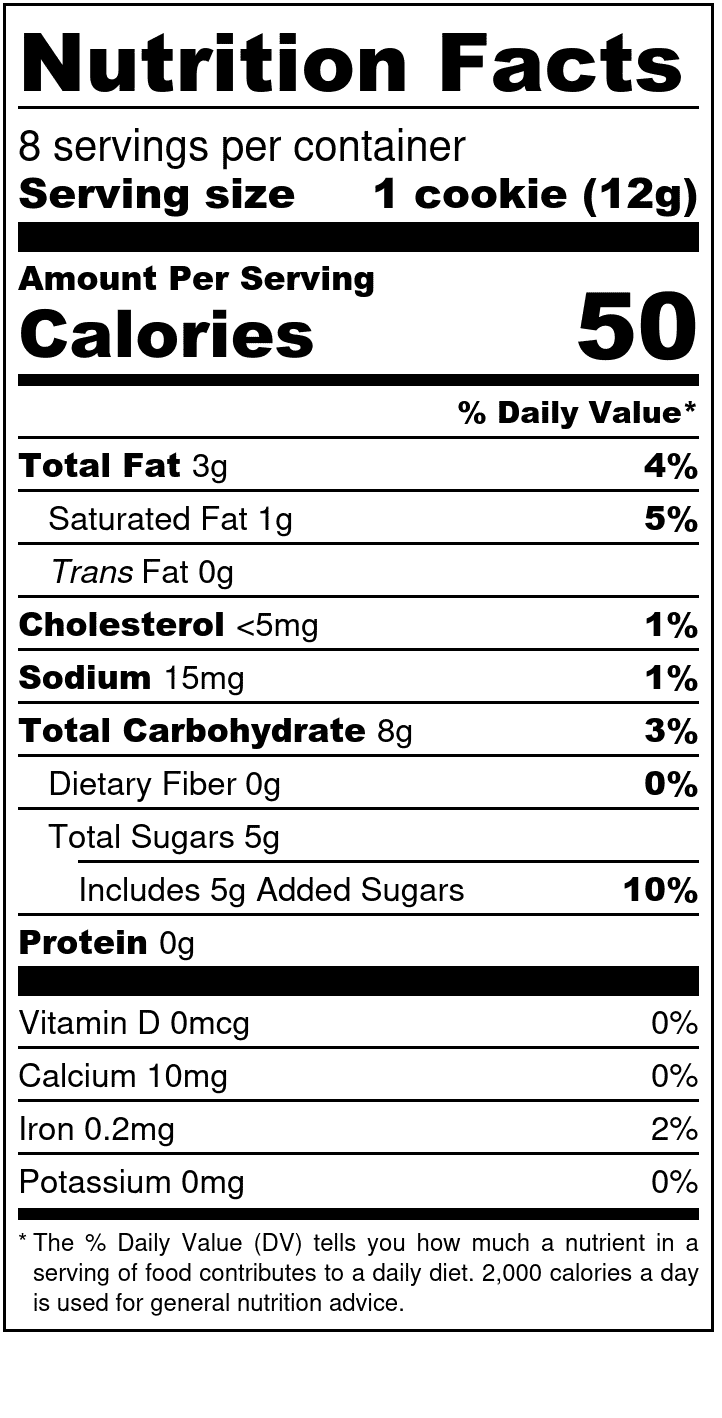 Unna Bakery, Vanilla Sugar Cookie 6 units per case 3.4 oz Nutrition Info