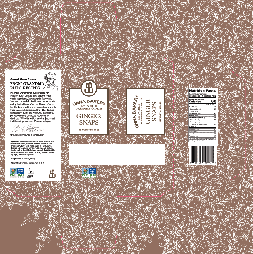 Unna Bakery, Ginger Snaps Cookies 6 units per case 3.4 oz Product Label