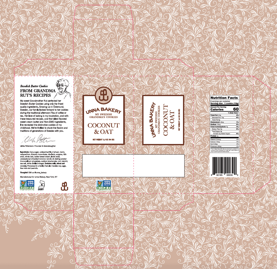 Unna Bakery, Coconut Oat Cookies 6 units per case 3.4 oz Product Label