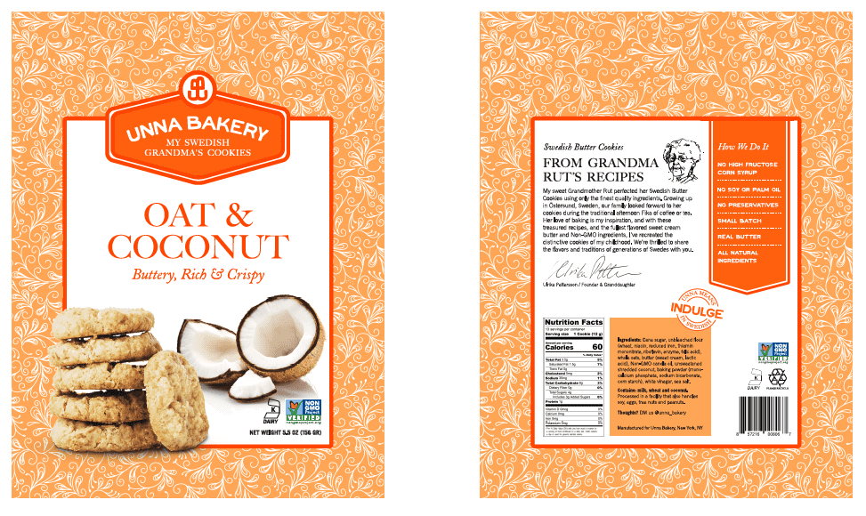Unna Bakery, Coconut Oat Cookies 6 units per case 5.5 oz Product Label