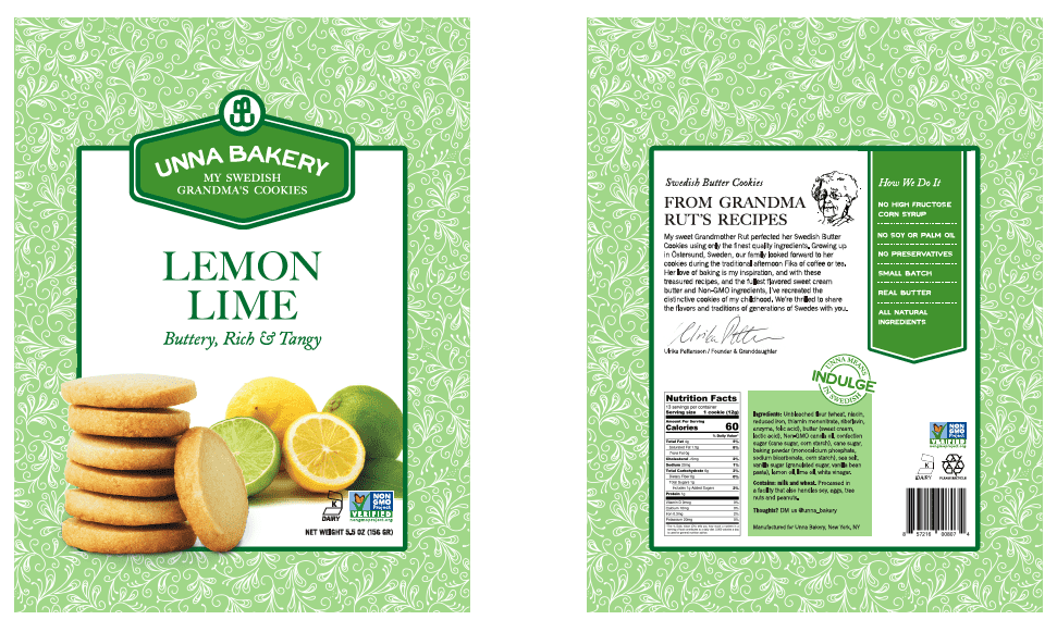 Unna Bakery, Lemon Lime Cookies 6 units per case 5.5 oz Product Label