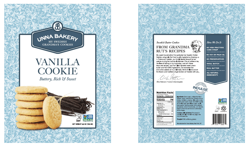 Unna Bakery, Vanilla Sugar Cookies 6 units per case 5.5 oz Product Label