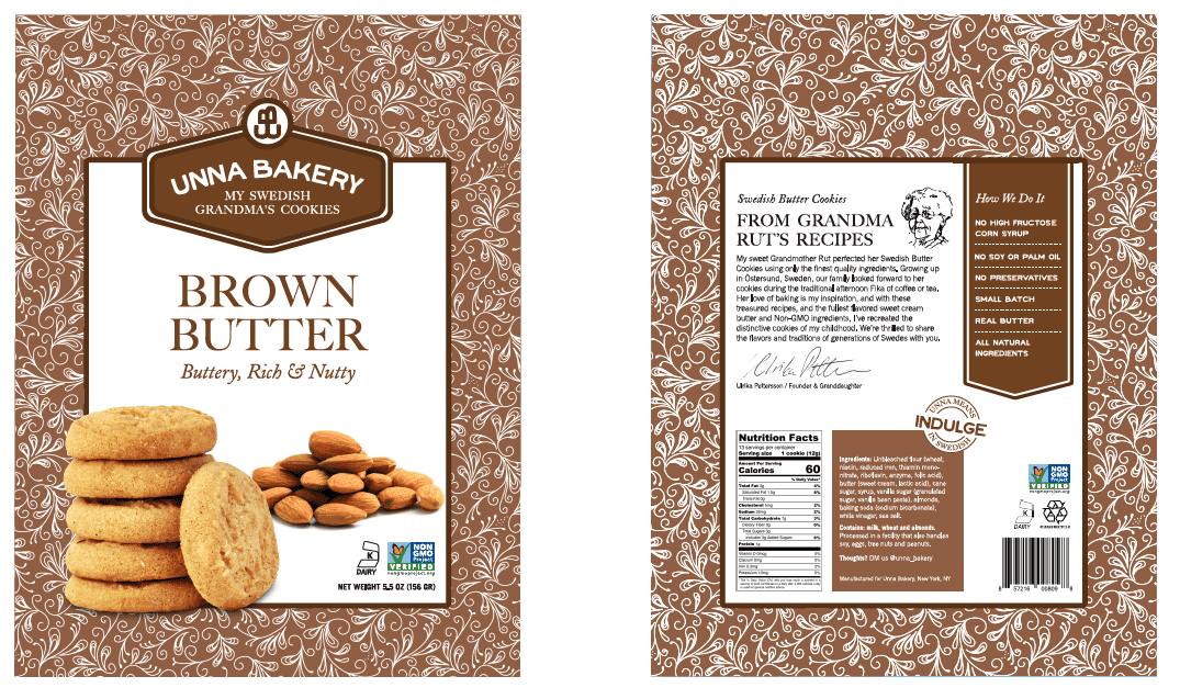 ''Unna Bakery, Brown Butter Cookies'' 6 units per case 5.5 oz Product Label