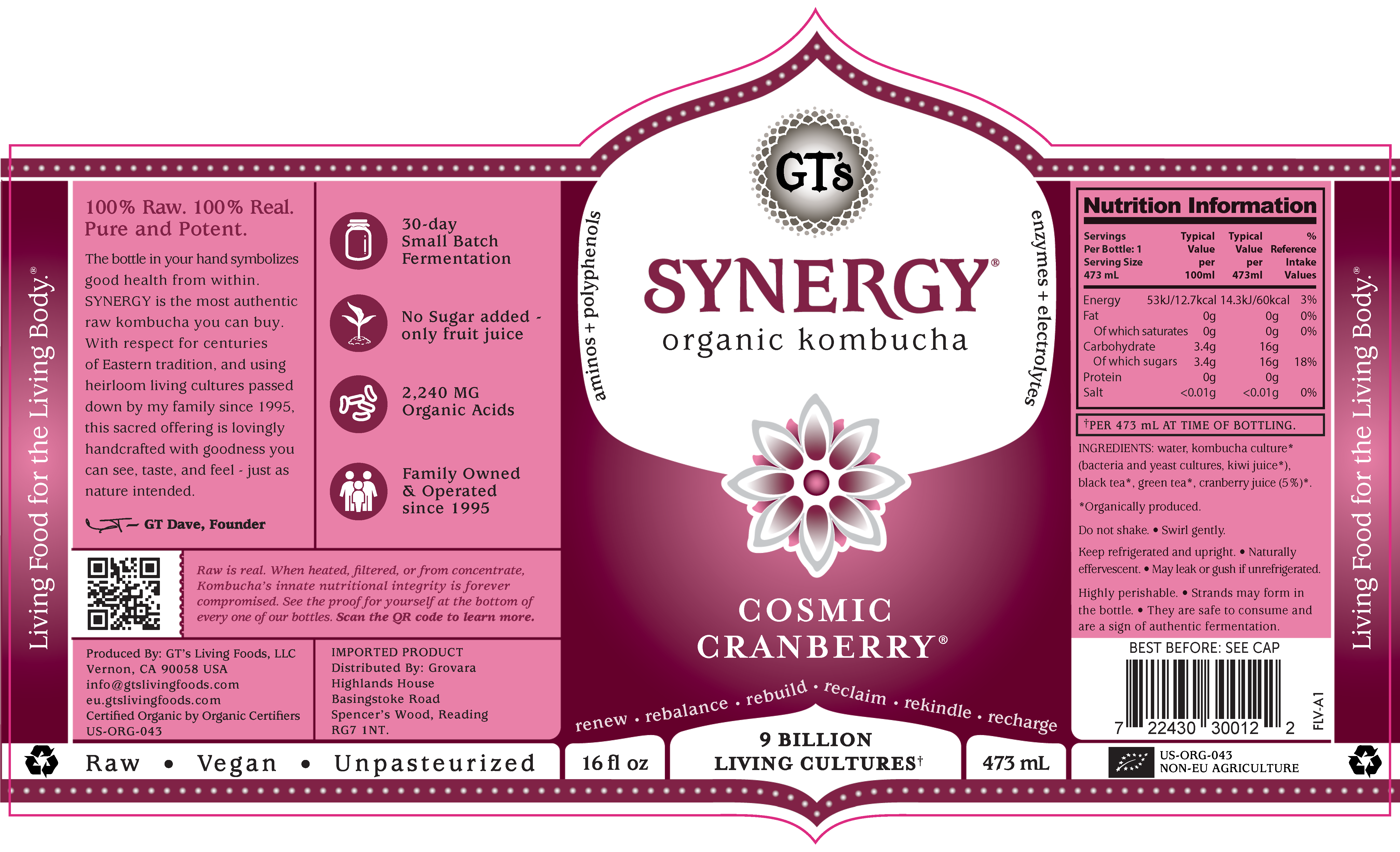 GT's Synergy Kombucha Cosmic Cranberry 12 units per case 16.0 fl Product Label