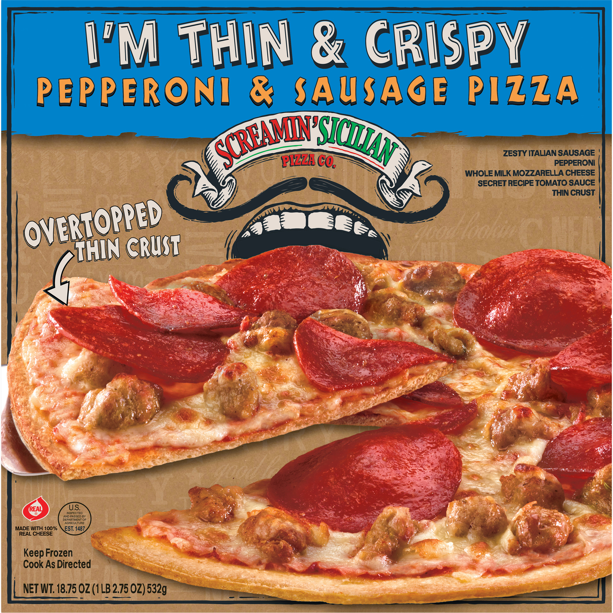 Screamin' Sicilian Thin and Crispy Pepperoni and Sausage Pizza 7 units per case 18.8 oz