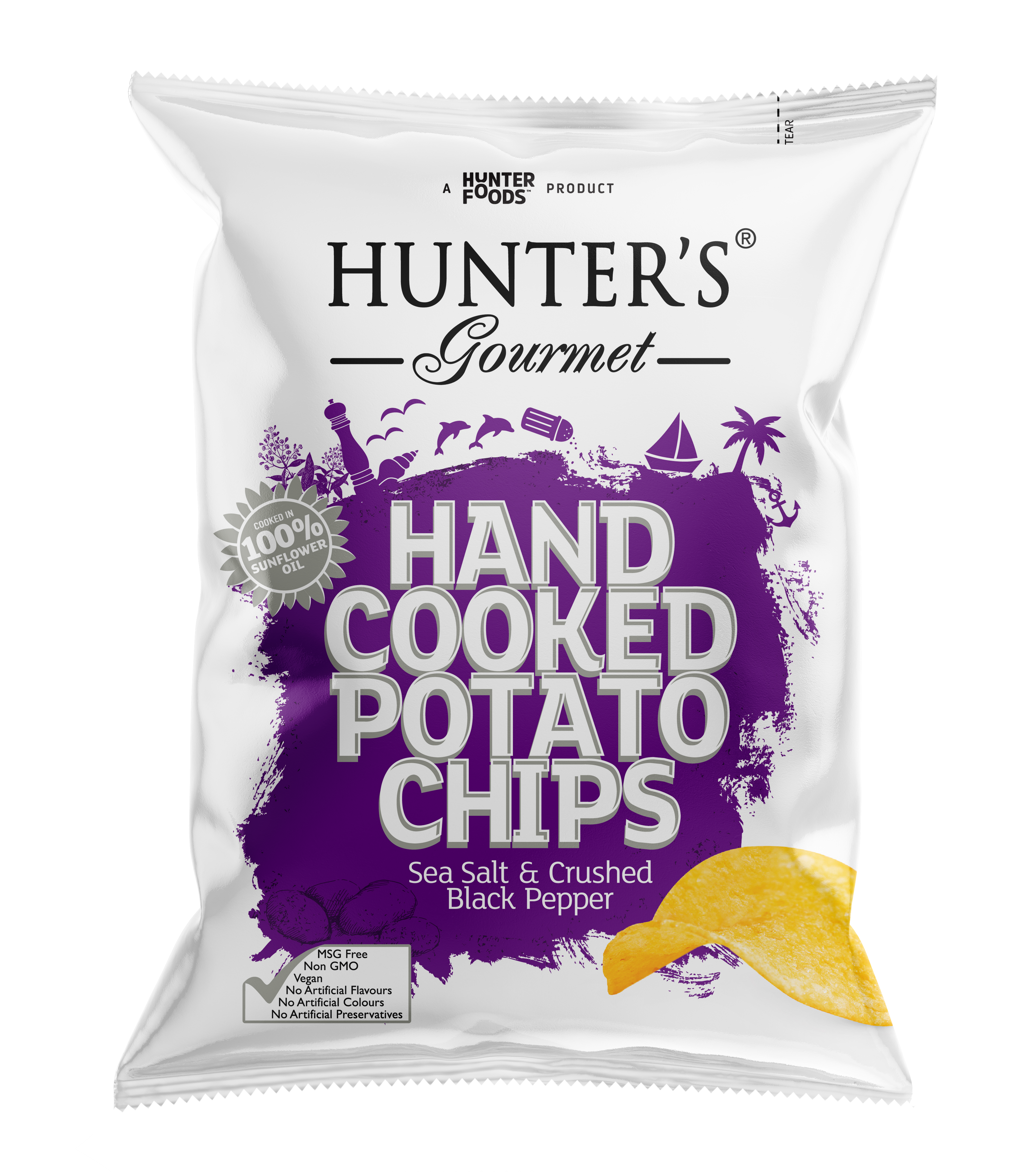 Hunter's Gourmet Hand Cooked Potato Chips Sea Salt & Crushed Black Pepper 12 units per case 125 g