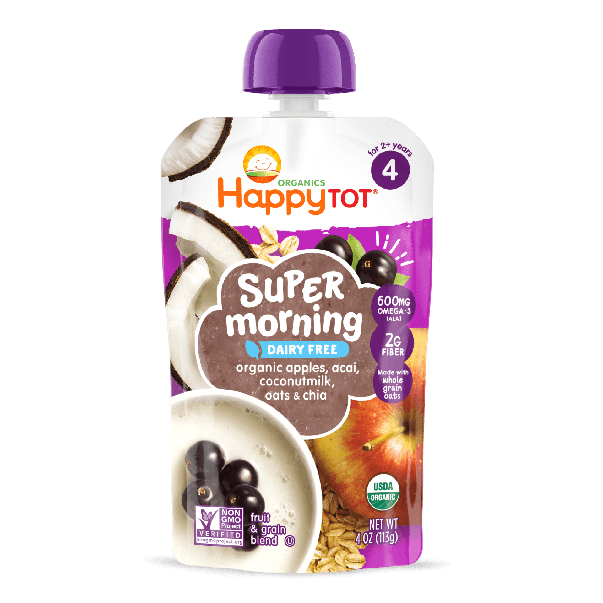 Happy Tot S4 - Super Morning Organic Apples Acai Coconut Milk & Oats with Super Chia 4Oz pouch 16 units per case 4.0 oz