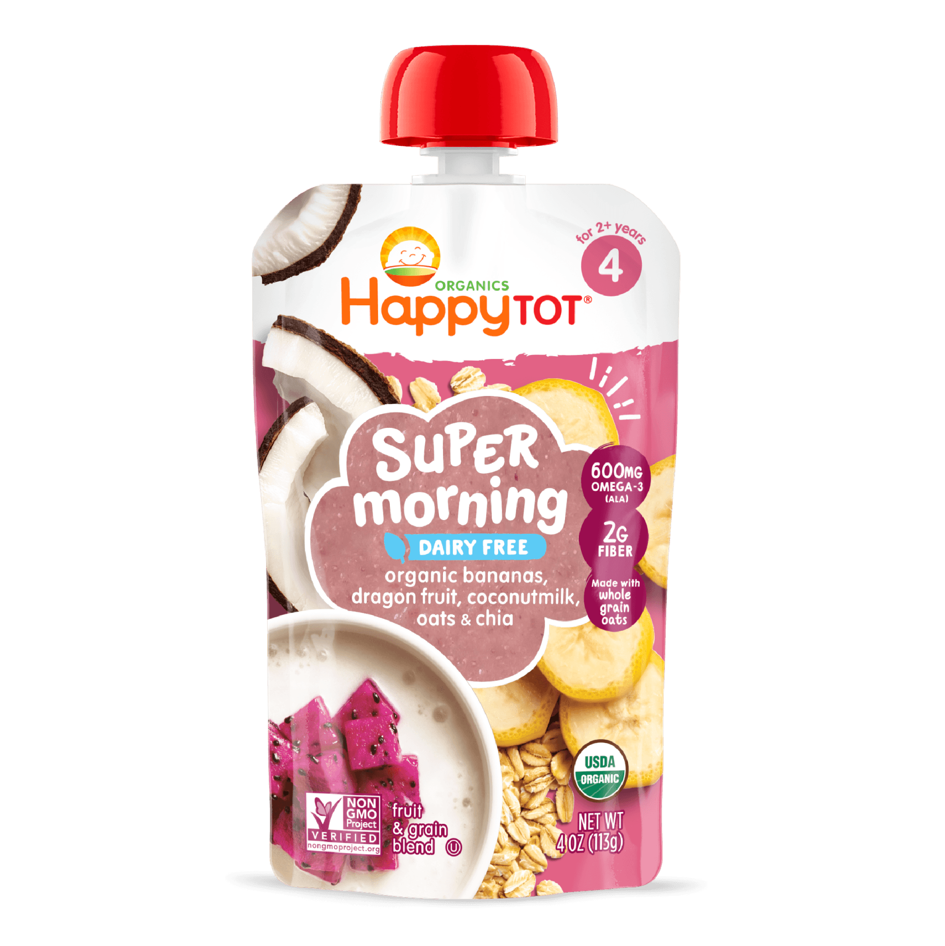 Happy Tot S4 - Super Morning Organic Bananas Dragonfruit Coconut Milk & Oats with Super Chia 4Oz pouch 16 units per case 4.0 oz