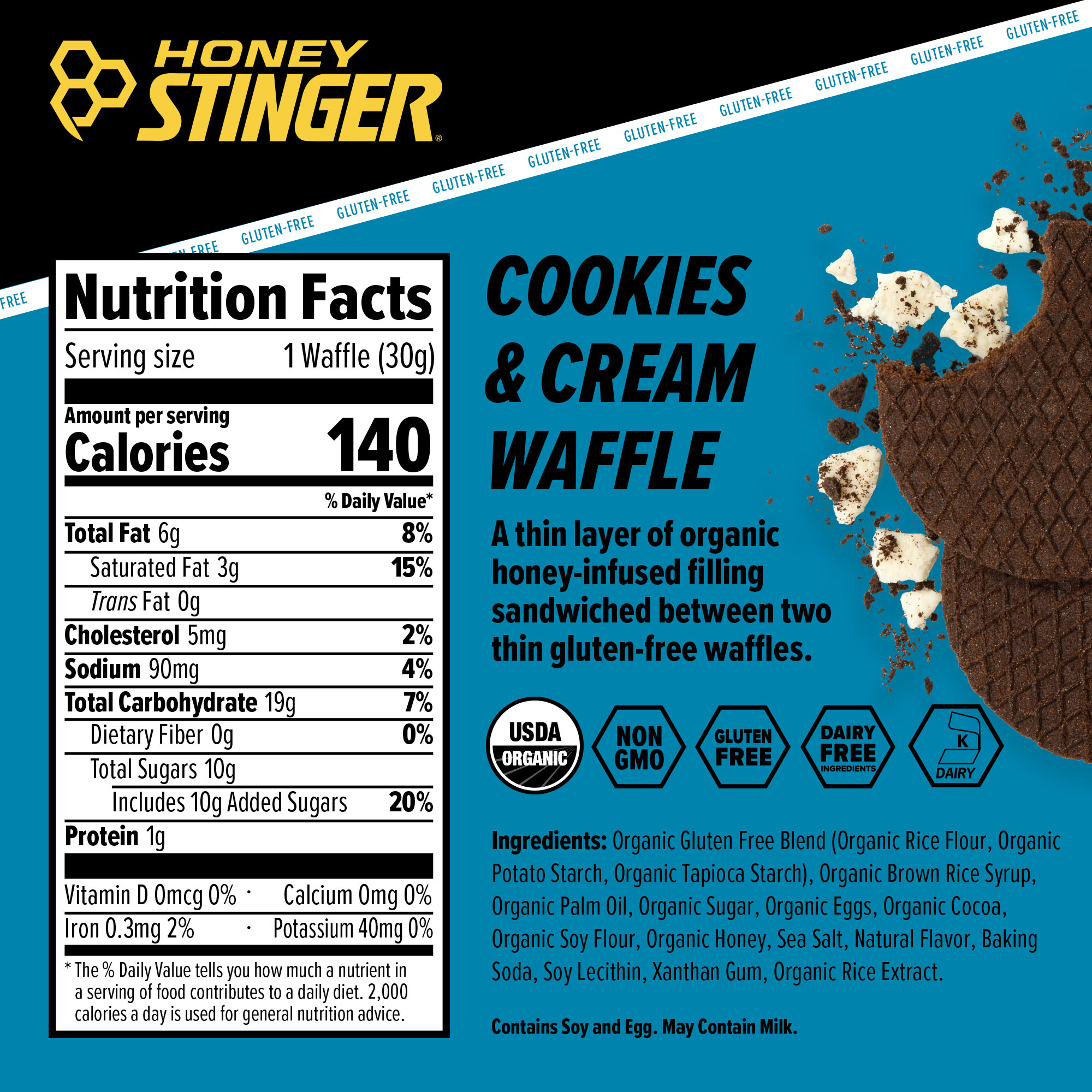Honey Stinger Gluten Free Waffle Cookies & Cream 8 innerpacks per case 1.1 oz Nutrition Info