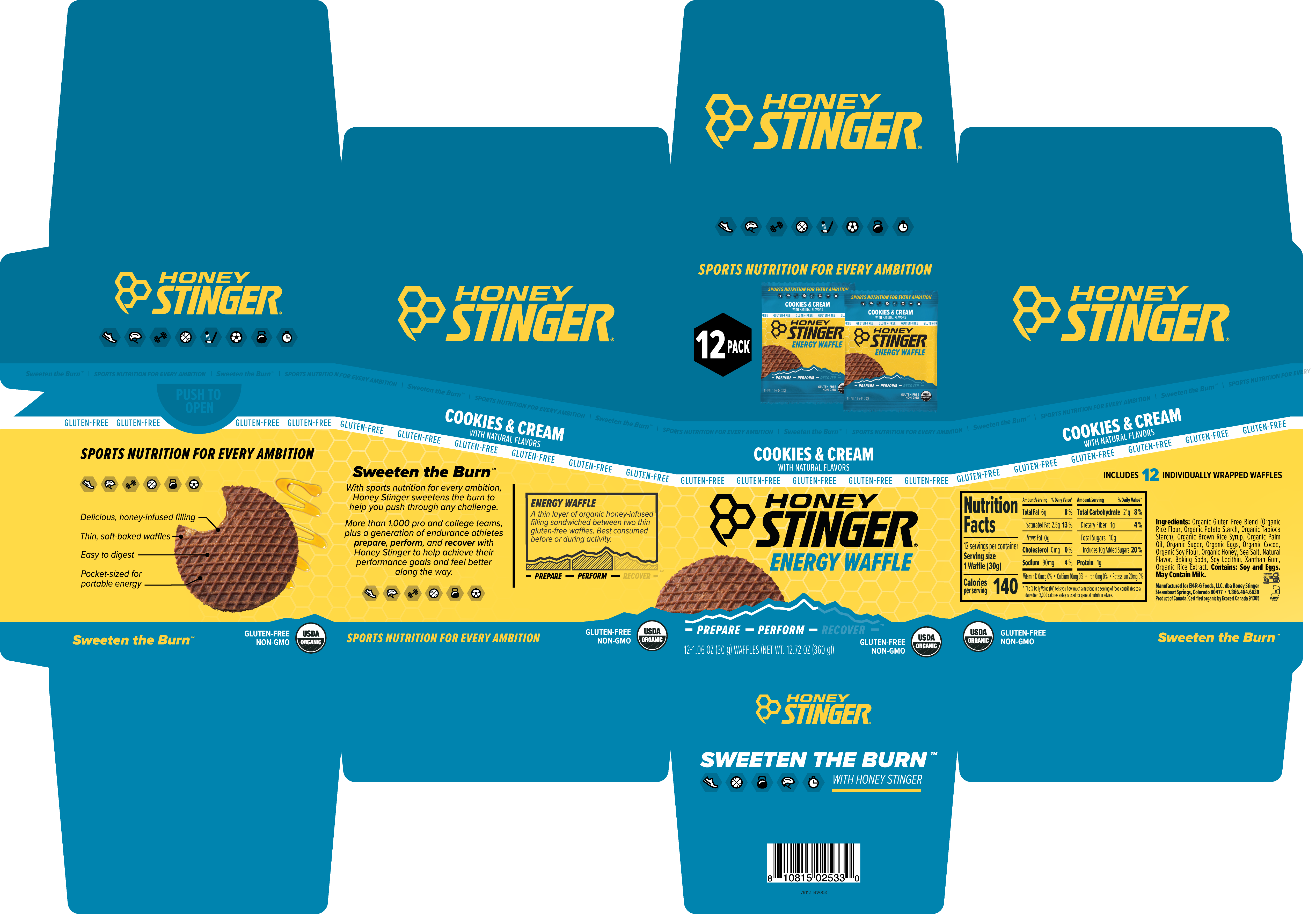 Honey Stinger Gluten Free Waffle Cookies & Cream 8 innerpacks per case 1.1 oz Product Label