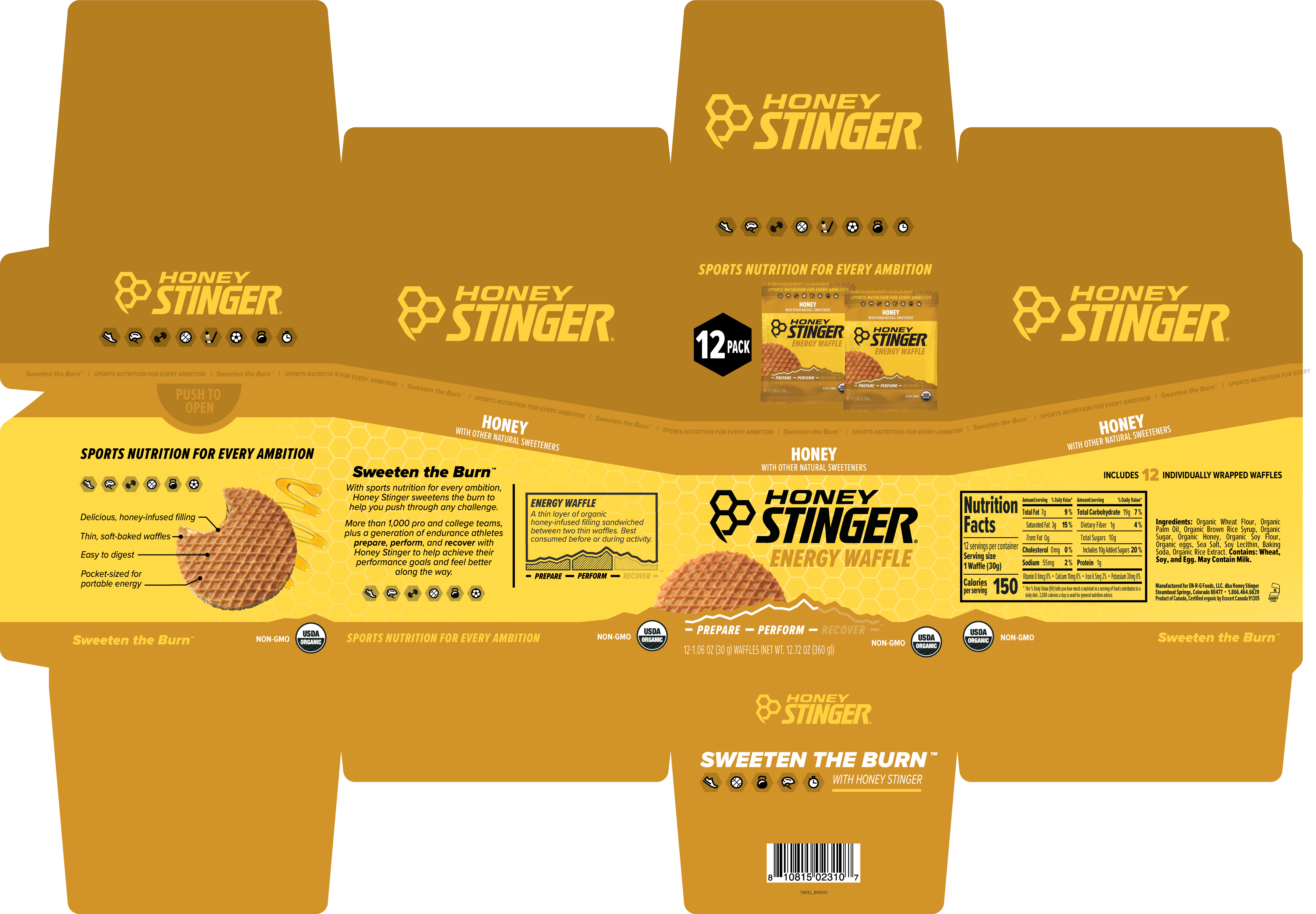 Honey Stinger Waffle Caddy Honey 8 innerpacks per case 1.1 oz Product Label