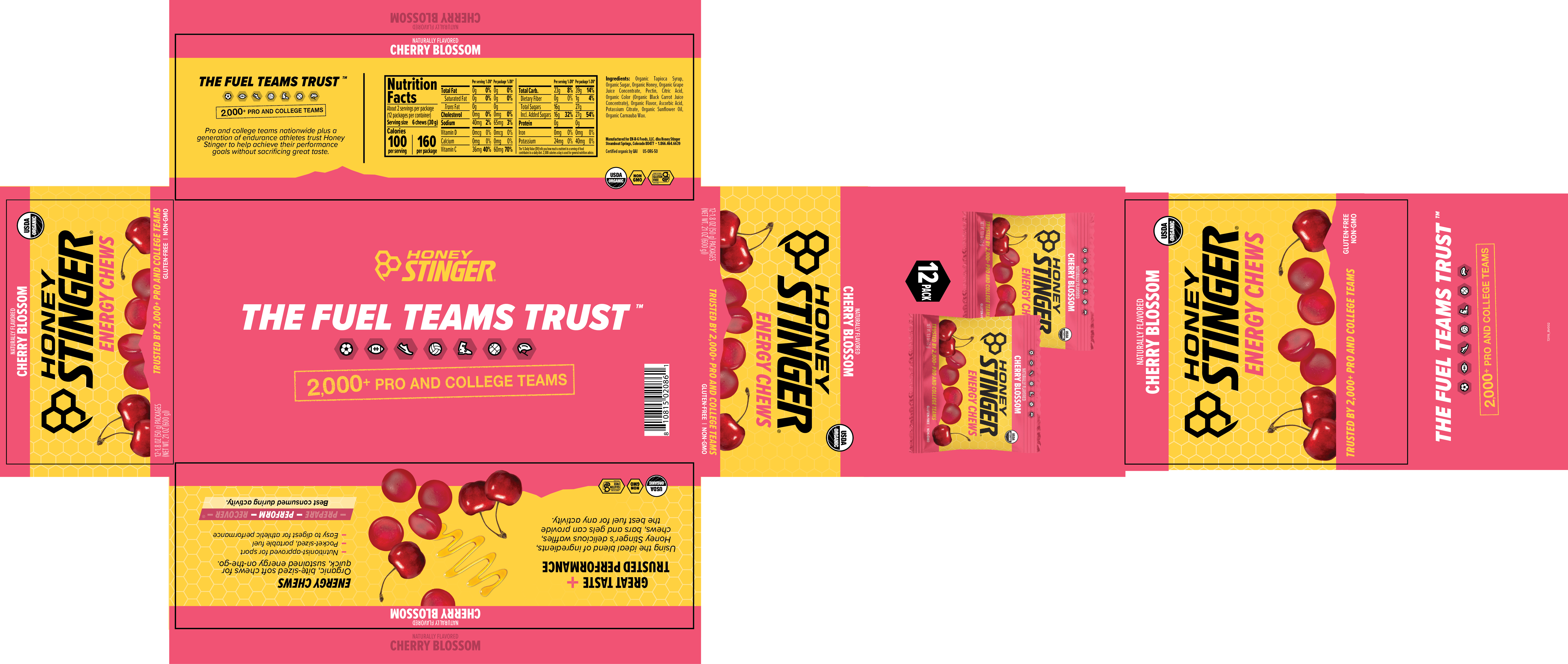 Honey Stinger Organic Energy Chews Cherry Blossom 8 innerpacks per case 21.6 oz Product Label