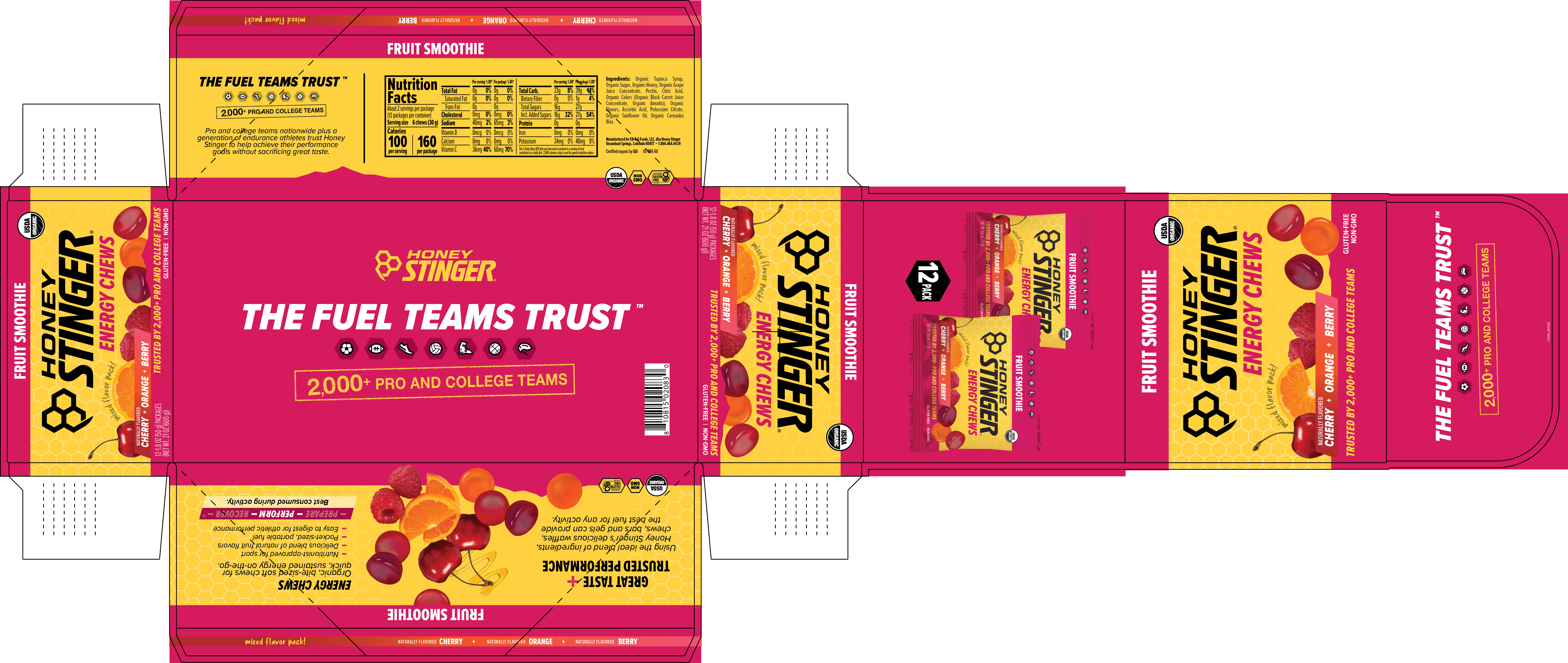 Honey Stinger Organic Energy Chews Fruit Smoothie 8 innerpacks per case 21.6 oz Product Label