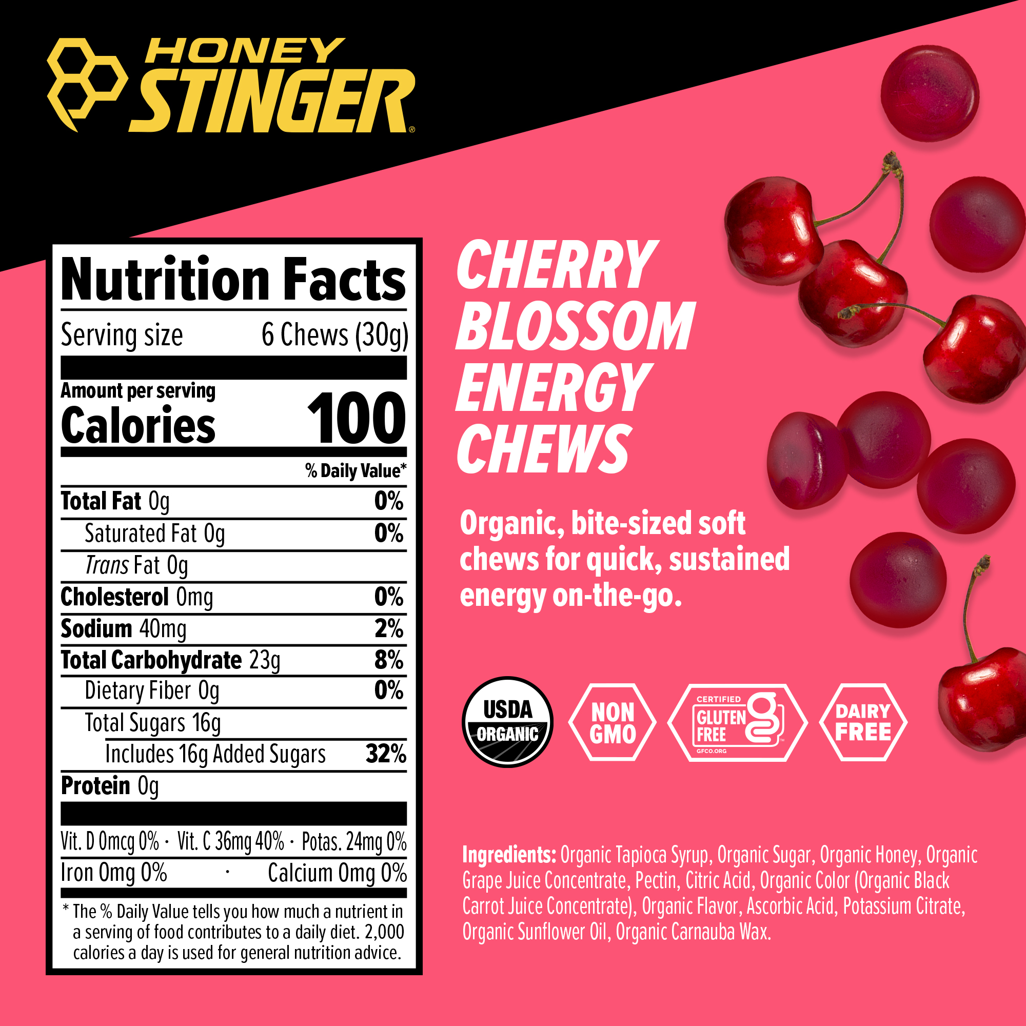 Honey Stinger Organic Energy Chews Cherry Blossom 8 innerpacks per case 21.6 oz Nutrition Info
