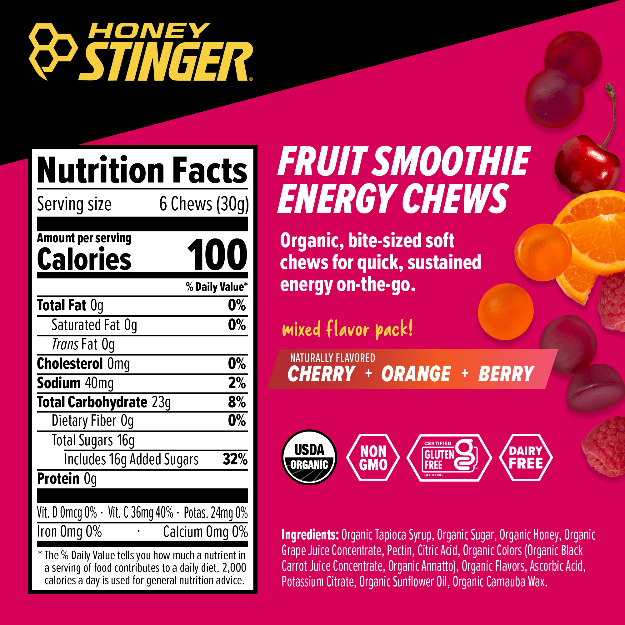 Honey Stinger Organic Energy Chews Fruit Smoothie 8 innerpacks per case 21.6 oz Nutrition Info
