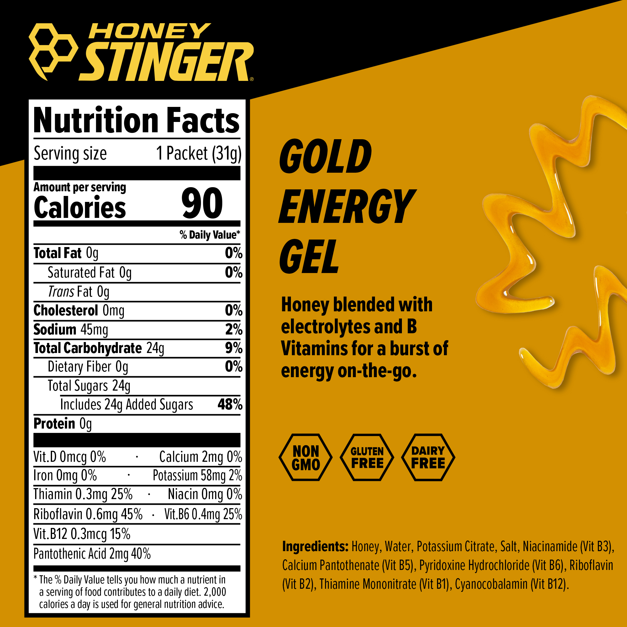 Honey Stinger Classic Energy Gel Gold 8 innerpacks per case 28.8 oz Nutrition Info