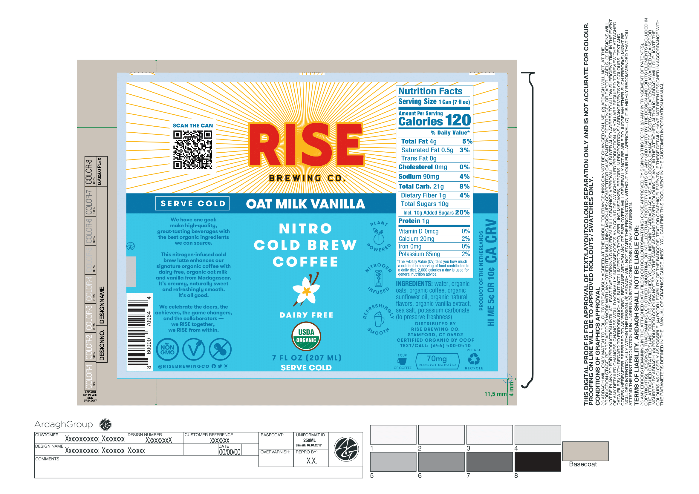 RISE Brewing Co., Vanilla Oat Milk Latte 12 units per case 7.0 fl Product Label